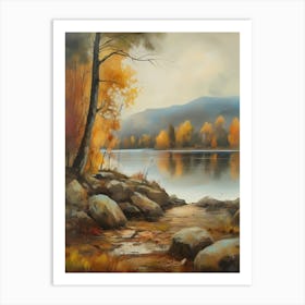 Forest Lake, Autumn Lake, Vintage Oil Painting, Farmhouse Wall Decorations, Antique Landscape, Vintage Landscape Oil Painting.5 2 Art Print