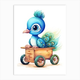 Baby Peacock On A Toy Car, Watercolour Nursery 3 Art Print