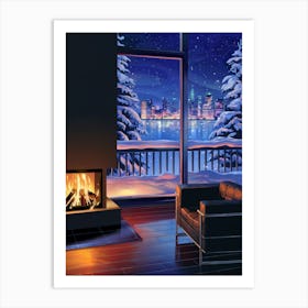 Anime Canvas Art: Cozy Cabin with Fireplace, Snowy City Skyline, and Starry Night, Perfect for Lofi Aesthetic and Winter Ambience Art Lovers. Art Print