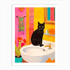 Black Cat In Bathroom Art Print