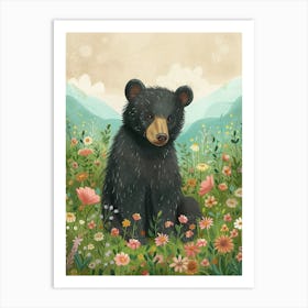 American Black Bear Cub In A Field Of Flowers Storybook Illustration 3 Art Print