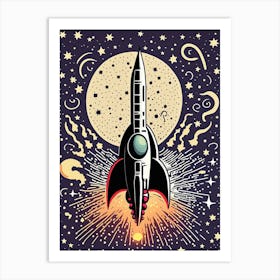 Retro Rocket Launch with Moonlit Galaxy Backdrop Affiche