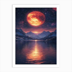 Red Moon Over Lake Art Print