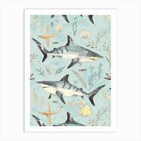 Pastel Blue Bull Shark Watercolour Seascape Pattern 2 Art Print
