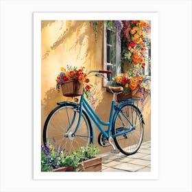 Blue Bicycle With Flowers Art Print