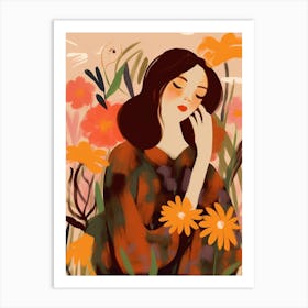 Woman With Autumnal Flowers Monkey Orchid Art Print