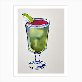 Blueberry Daiquiri Minimal Line Drawing With Watercolour Cocktail Poster Art Print