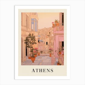 Athens Greece 1 Vintage Pink Travel Illustration Poster Art Print