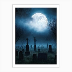 Halloween Themed Digital Painting Mist Weaving Through An Ancient Cemetery Under A Clouded Moonlit (3) Art Print