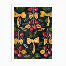 Cherries And Yellow Bows 2 Pattern Art Print