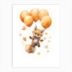 Fox Flying With Autumn Fall Pumpkins And Balloons Watercolour Nursery 4 Art Print