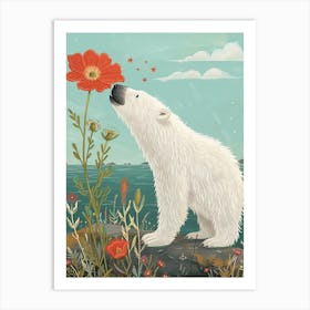 Polar Bear Sniffing A Flower Storybook Illustration 3 Art Print