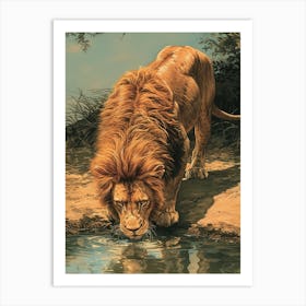 Barbary Lion Relief Illustration Drinking 3 Art Print