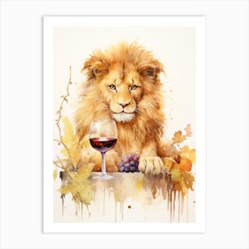 Tasting Wine Watercolour Lion Art Painting 1 Art Print
