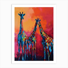 Giraffe Herd In The Red Sunset 1 Art Print