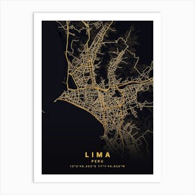 Lima Peru Black And Gold Map Art Print