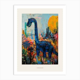 Dinosaur In The Flowers With A Cityscape In The Background Poster Art Print