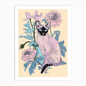Cute Siamese Cat With Flowers Illustration 1 Art Print