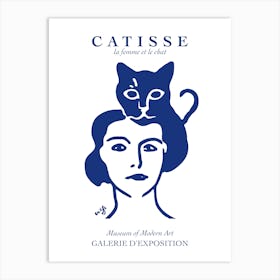 Matisse Catisse Woman With Cat Blue Fun Wall Art Blue Line Art Face Art Print