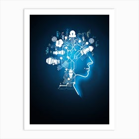 Abstract Concept Art Of A Silhouetted Head Outlined Against A Backdrop Of Light Bulbs And Gears Sym (5) Art Print