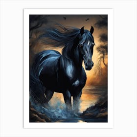 Black Horse In The Water 4 Art Print