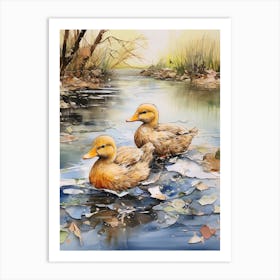 Ducklings Swimming In The River Mixed Media 1 Art Print