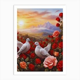 Doves And Roses Art Print