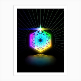 Neon Geometric Glyph Abstract in Candy Blue and Pink with Rainbow Sparkle on Black n.0436 Art Print