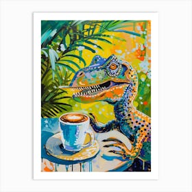 Dinosaur Drinking Coffee Blue Orange Brushstroke 1 Art Print