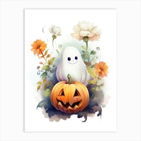 Cute Ghost With Pumpkins Halloween Watercolour 15 Art Print