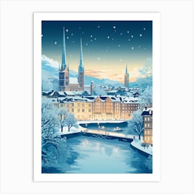 Winter Travel Night Illustration Zurich Switzerland 2 Art Print