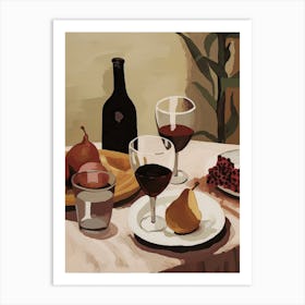 Atutumn Dinner Table With Cheese, Wine And Pears, Illustration 2 Art Print