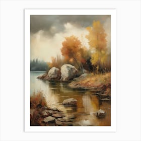 Autumn Lake,Forest Lake, Vintage Oil Painting, Farmhouse Wall Decorations, Antique Landscape, Vintage Landscape Oil Painting.1 2 Art Print