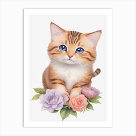 Cute Cat With Flowers Art Print