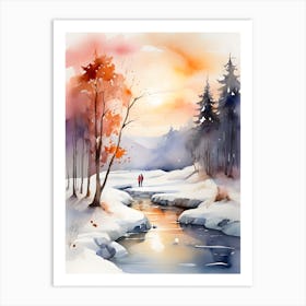 Winter Landscape Watercolor Painting. 1 Art Print