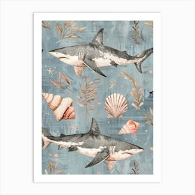Pastel Blue Bamboo Shark Watercolour Seascape Pattern 2 Art Print