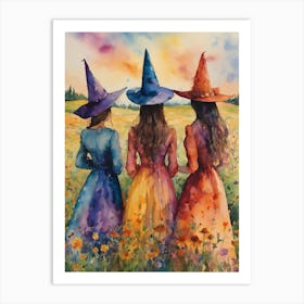 The May Day Witches Watch a Colorful Sky ~ Whimsical Watercolor Witchcraft Painting by Lyra the Lavender Witch Art Print