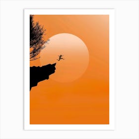 Silhouette Of A boy Jumping Off A Cliff Art Print