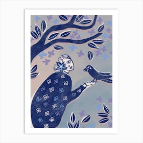 Lady In Blue With Bird Art Print