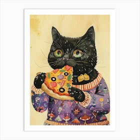 Cute Black Cat Eating A Pizza Slice Folk Illustration 3 Art Print