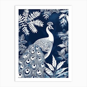 Navy Blue & White Peacock Linocut Inspired Portrait 5 Art Print