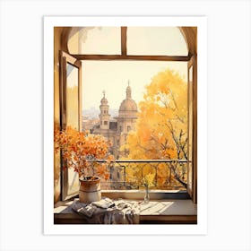 Window View Of Sofia Bulgaria In Autumn Fall, Watercolour 4 Art Print