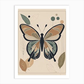 Boho Minimalist Butterfly with Leaves v1 Art Print