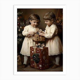 Two Little Girls With Christmas Presents 1 Art Print