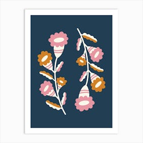 Flowers On A Branch Dark Blue Pink Art Print