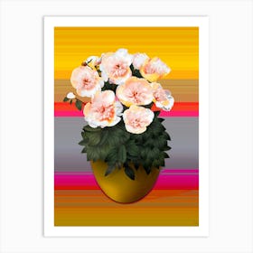 White Peony Flowers In The Old Pot On A Striped Background Art Print