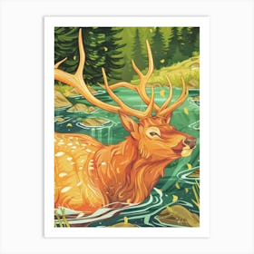 Deer In The River Art Print