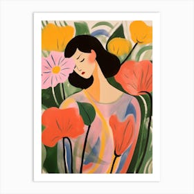 Woman With Autumnal Flowers Flamingo Flower Art Print