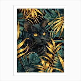 Black Cat In Gold Leaves Art Print