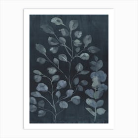 Chalky Botanical Eucayptus On Black Background Art Print